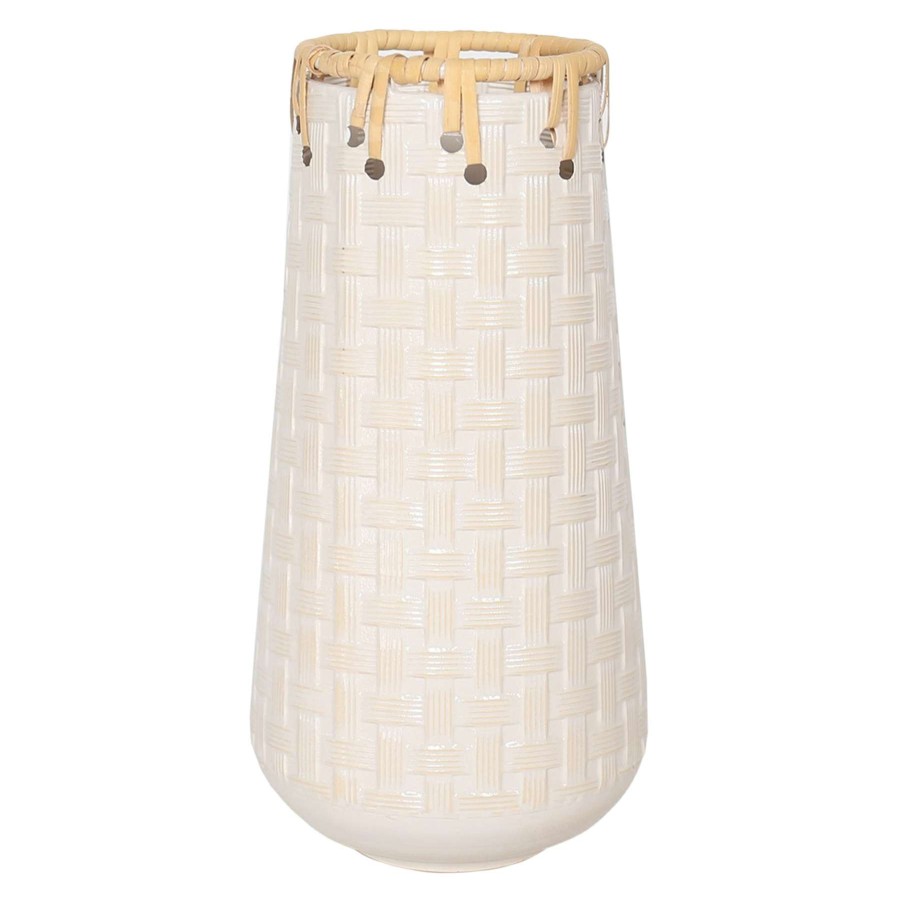 Home Accents * | Honeybloom White Metal & Rattan Basketweave Vase, 12 Outlet Sale