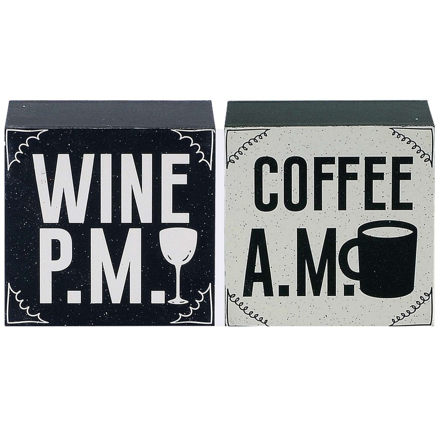 Home Accents * | Coffee A.M. Wine P.M. Reversable Wooden Block Sign, 4 Latest Fashion