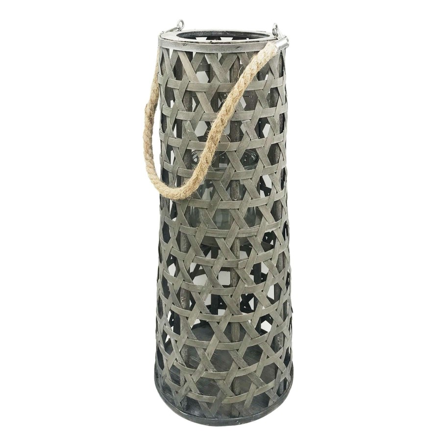 Home Accents * | Grey Wood Cutout Lantern With Rope Handle, 20 Outlet Sale