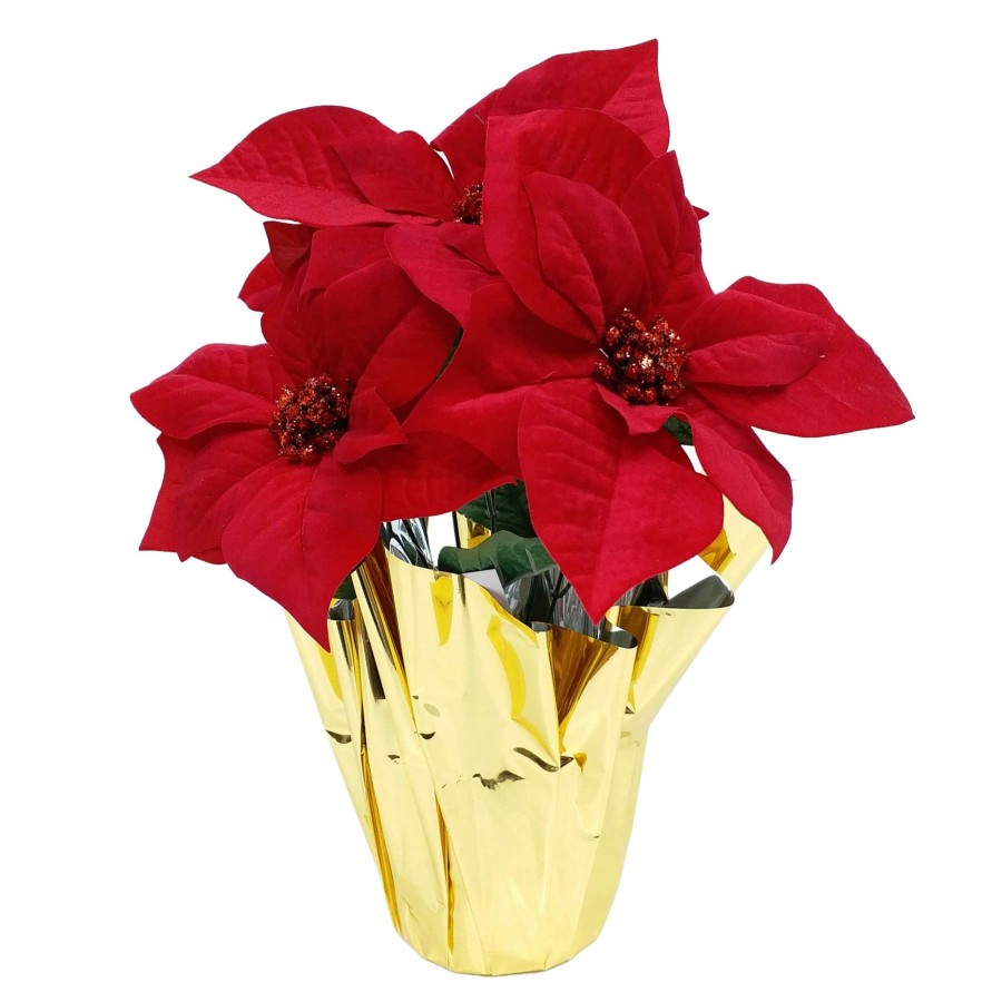 Home Accessories * | Potted Red Poinsettias In Gold Foil, Small At Low Price