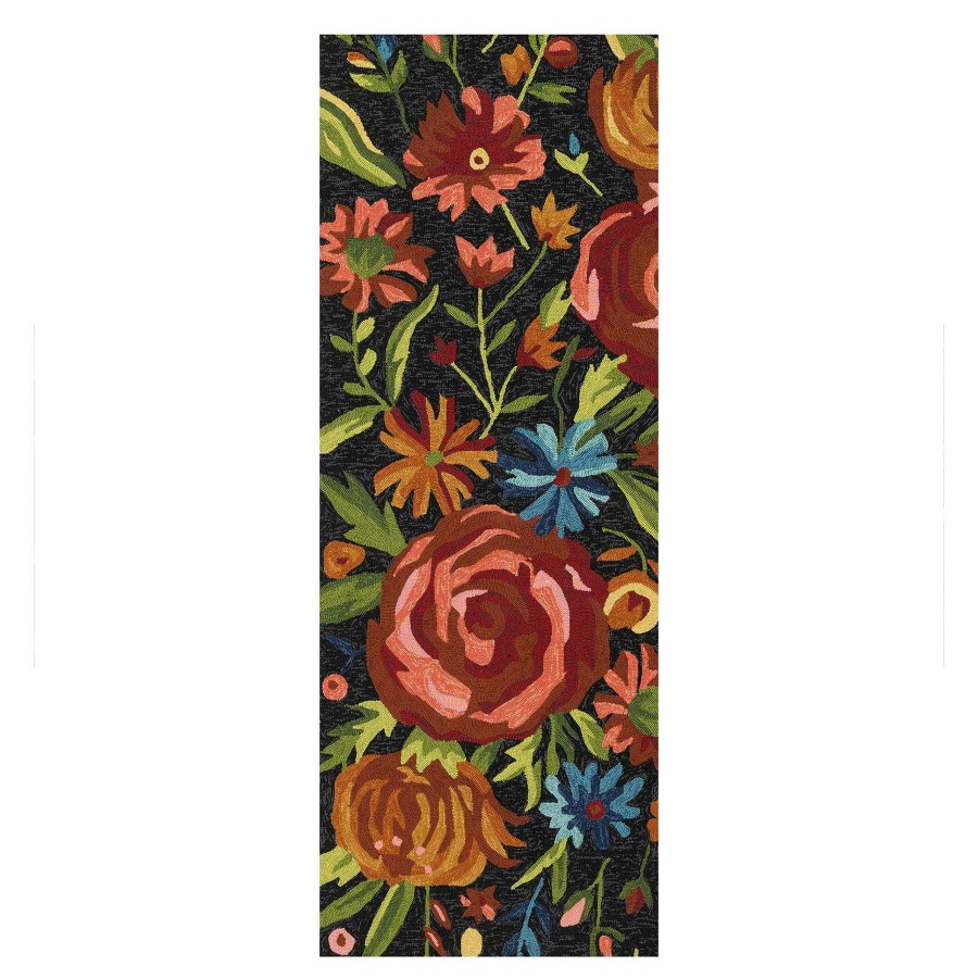 Rugs & Curtains * | (E255) Santa Monica Black Floral Indoor & Outdoor Runner, 2 5 Shop