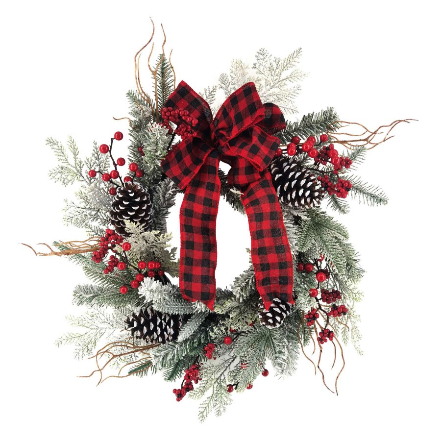 Home Accessories * | 24 Greenery Wreath With Red Plaid Ribbon Premium Product