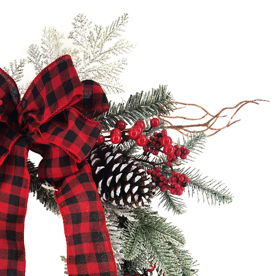 Home Accessories * | 24 Greenery Wreath With Red Plaid Ribbon Premium Product