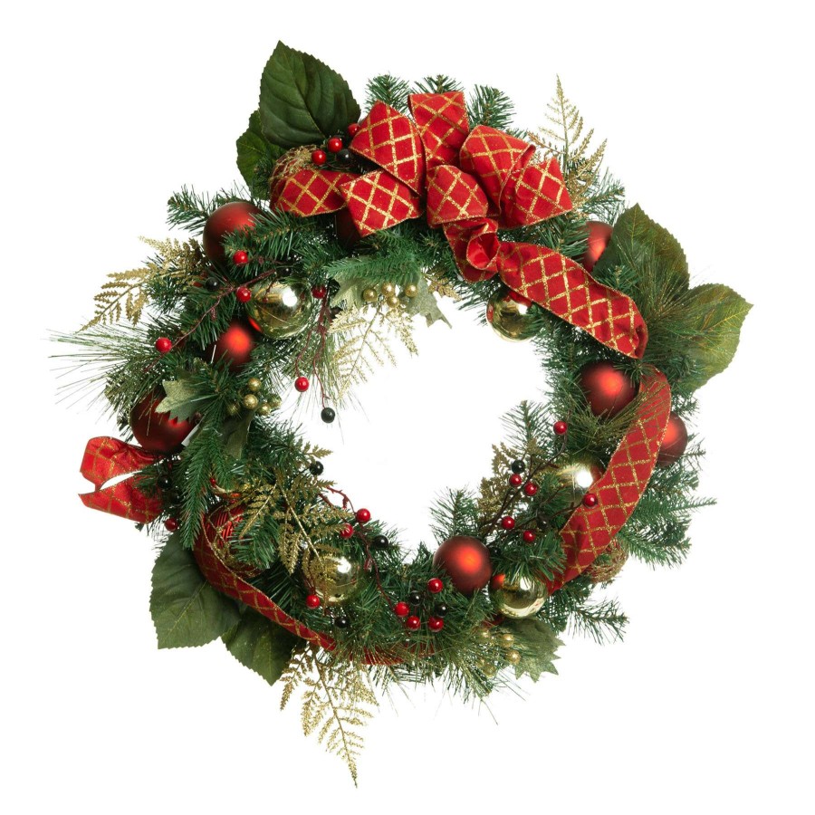 Home Accessories * | Red Ribbon & Pine Wreath Discounts