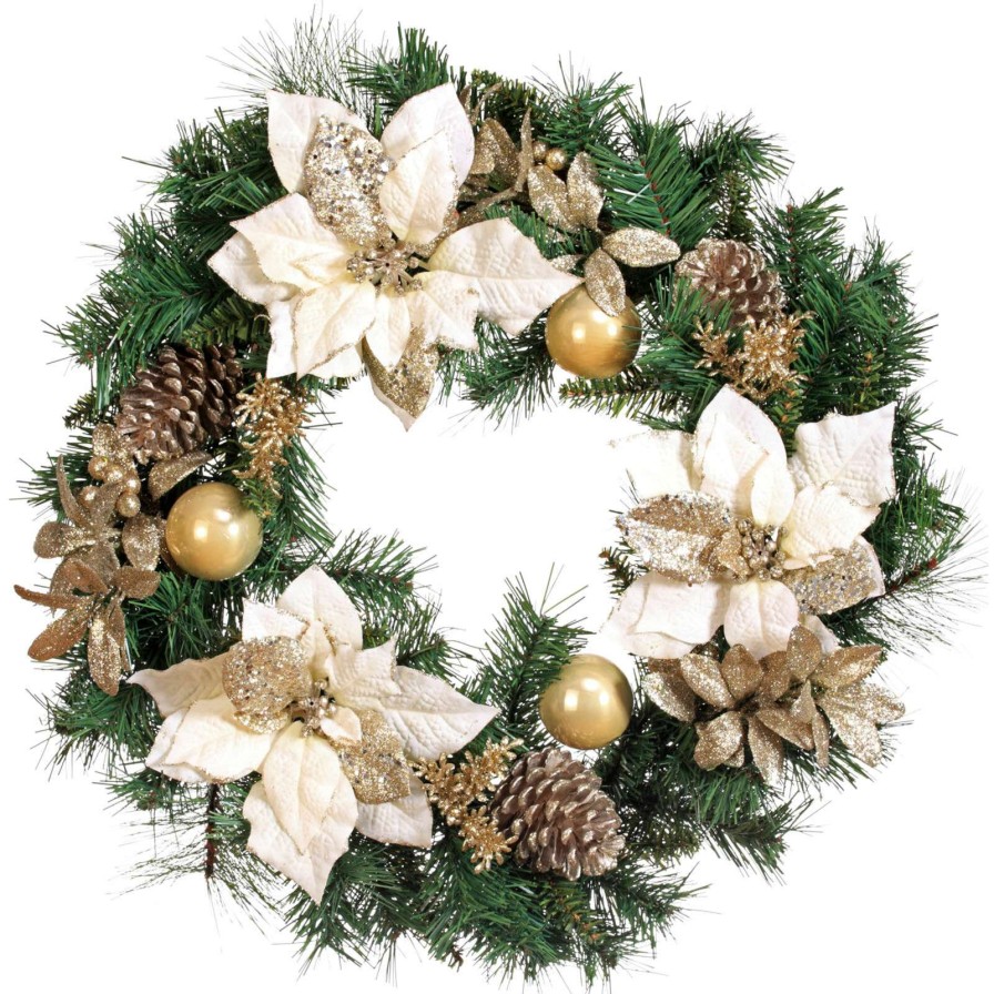 Home Accessories * | 24-In Glitter, Velvet Poinsettia & Ornament Wreath Hot Sale