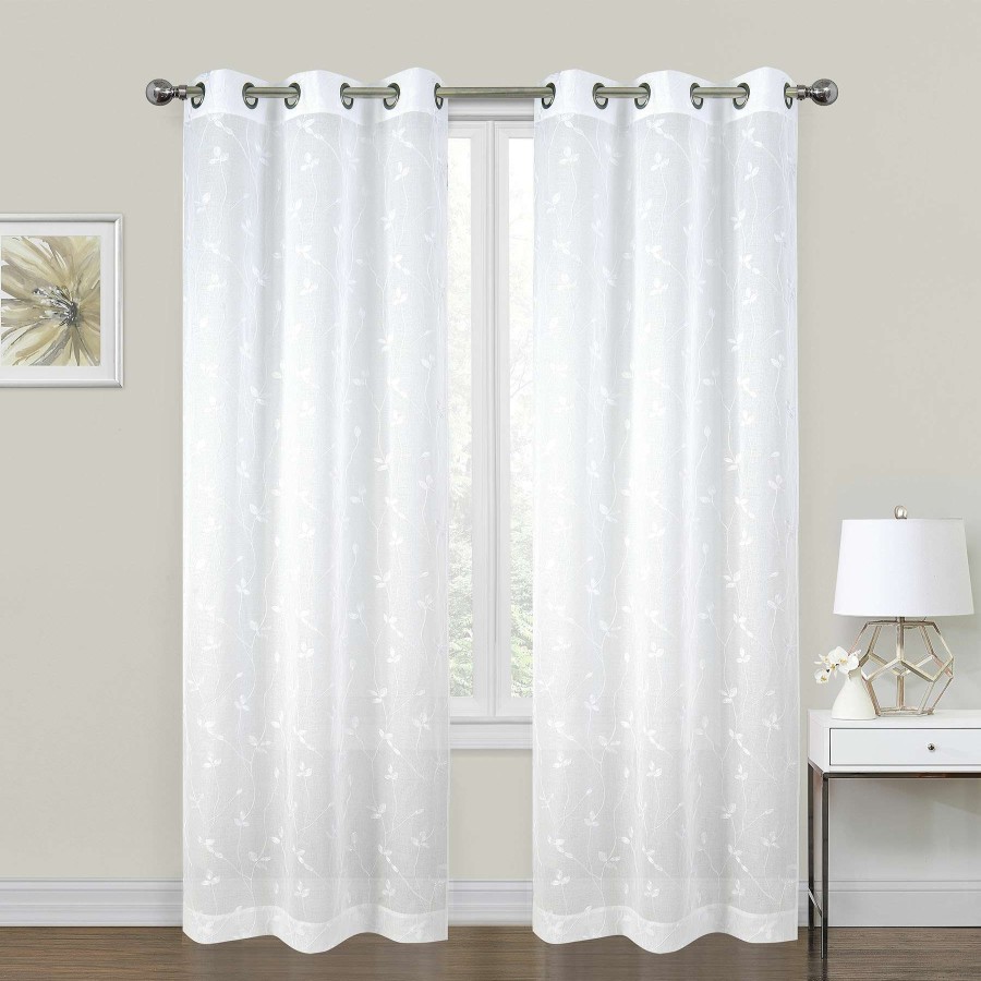 Rugs & Curtains * | 2-Pack White Embroidered Leaf Sheer Grommet Curtain Panels, 84 At Reduced Price