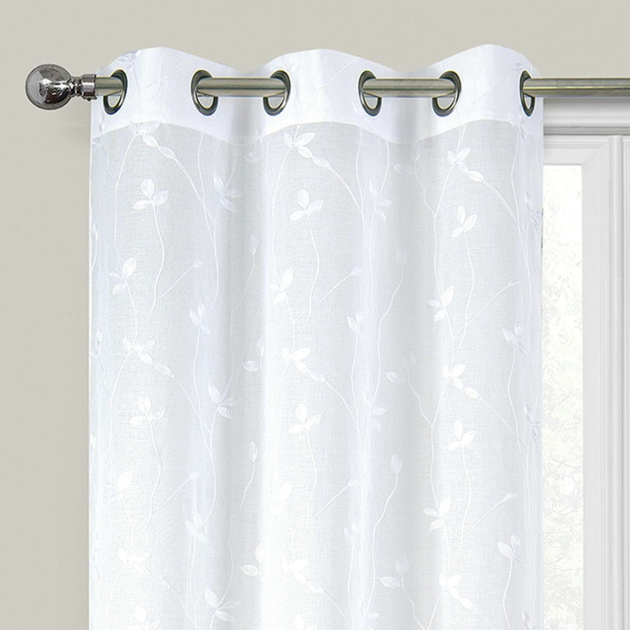 Rugs & Curtains * | 2-Pack White Embroidered Leaf Sheer Grommet Curtain Panels, 84 At Reduced Price