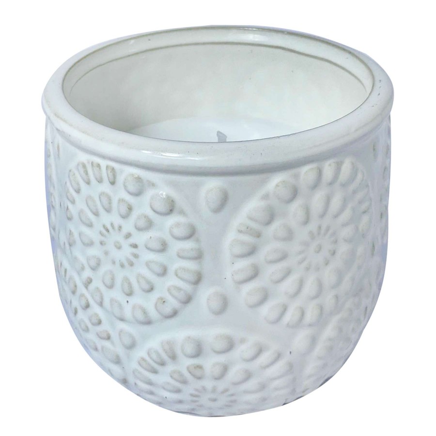 Home Accessories * | Cream Floral Embossed Ceramic Citronella Candle, 10Oz Exclusive Design