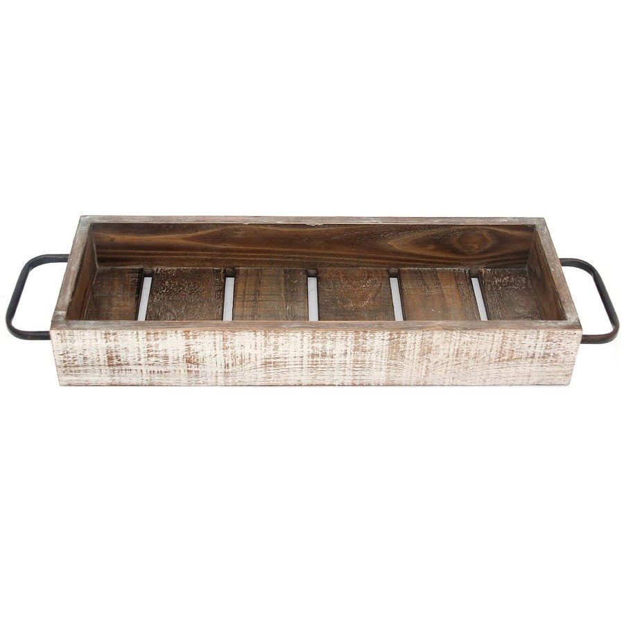 Home Accents * | Whitewashed Wooden Tray With Metal Handles, 22 7 Premium Product